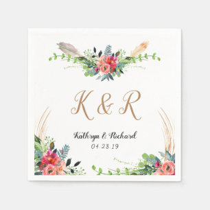 Serviette En Papier Bohémien Russe Floral Aquarelle Monogramme Mariage