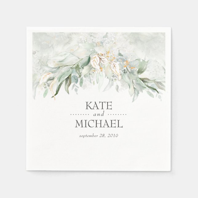 Serviette En Papier Boho Aquarelle Verdure et Feuilles d'or (Devant)