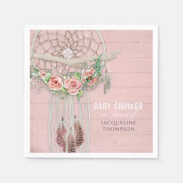 Serviette En Papier BOHO Baby shower Plumes Dream Catcher Roses en boi (Devant)