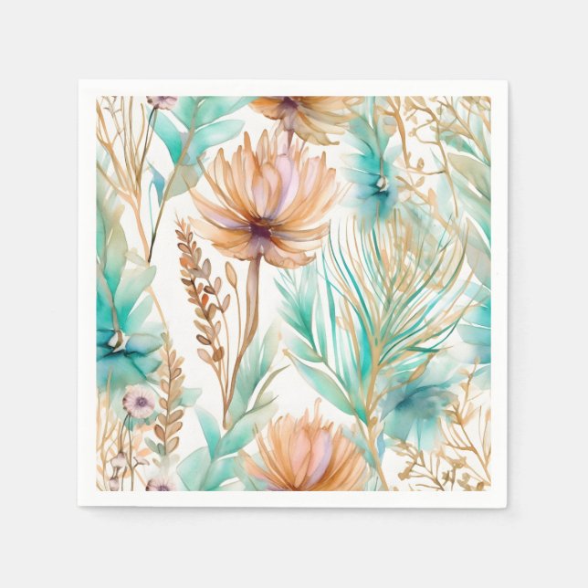 Serviette En Papier Boho Beach Floral Blue Peach Mariage (Devant)