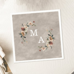 Serviette En Papier Boho Beige Taupe Floral Mariage de couronne Monogr