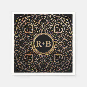 Serviette En Papier Boho Black Gold Foil Mandala Mariage Monogramme