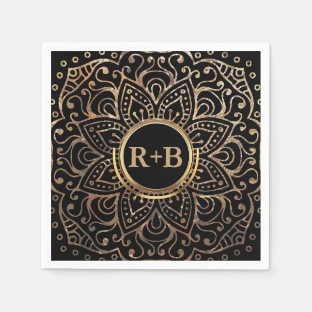Serviette En Papier Boho Black Gold Foil Mandala Mariage Monogramme (Devant)