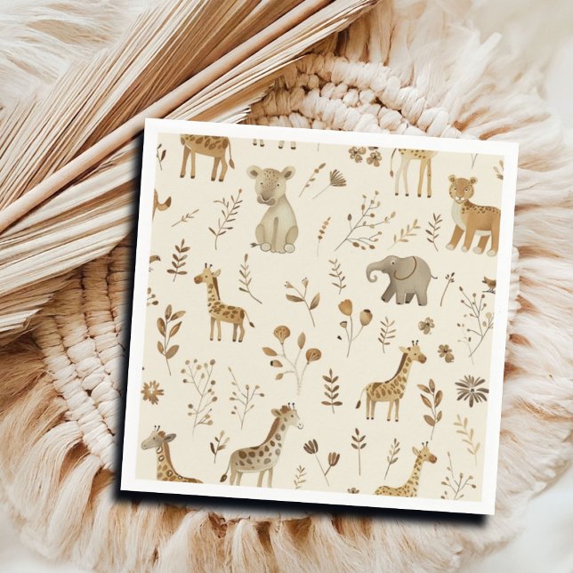 Serviette En Papier Boho Blanc Beige Jungle Animaux (Créateur téléchargé)