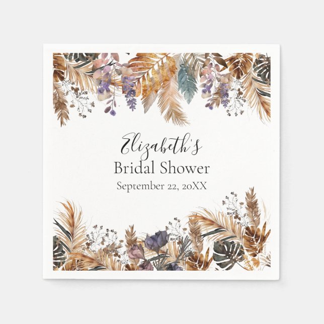 Serviette En Papier Boho Bleu Brown Palm feuilles Pampas Grass (Devant)