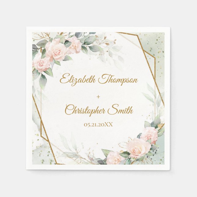 Serviette En Papier Boho blush floral et or et eucalyptus mariage (Devant)