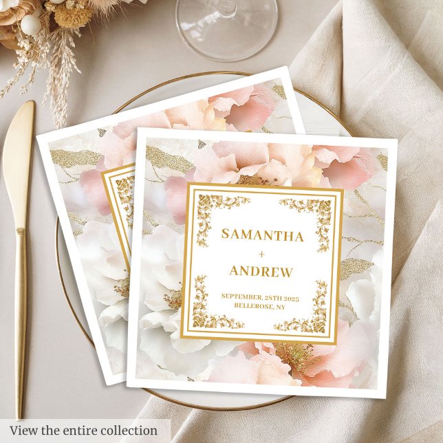 Serviette En Papier Boho blush ivoire or fleurie mariage serviettes en (Boho blush ivory gold floral wedding paper napkins)
