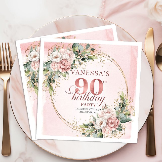 Serviette En Papier Boho Blush Rose Floral 90e Anniversaire   (Boho Blush Pink Floral 90th Birthday Celebration Napkins)