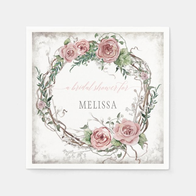 Serviette En Papier BOHO Blush Rose Floral Wreath Fête des mariées (Devant)