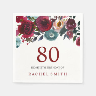 Serviette En Papier Boho Bordo Bourgogne Fleurs rouges 80e anniversair