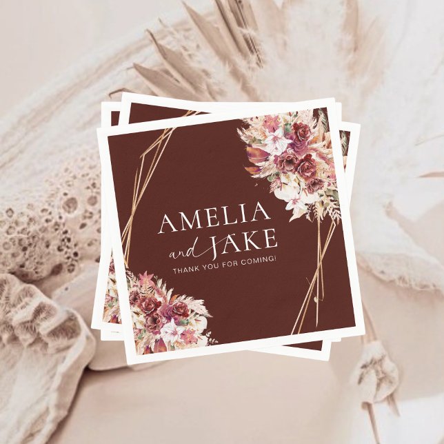 Serviette En Papier Boho Burgundy & Gold Frame Wedding  (Créateur téléchargé)