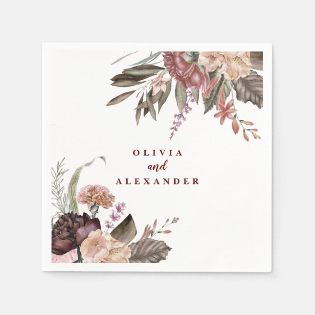 Serviette En Papier Boho Burgundy Roses tombent mariages floraux (Devant)