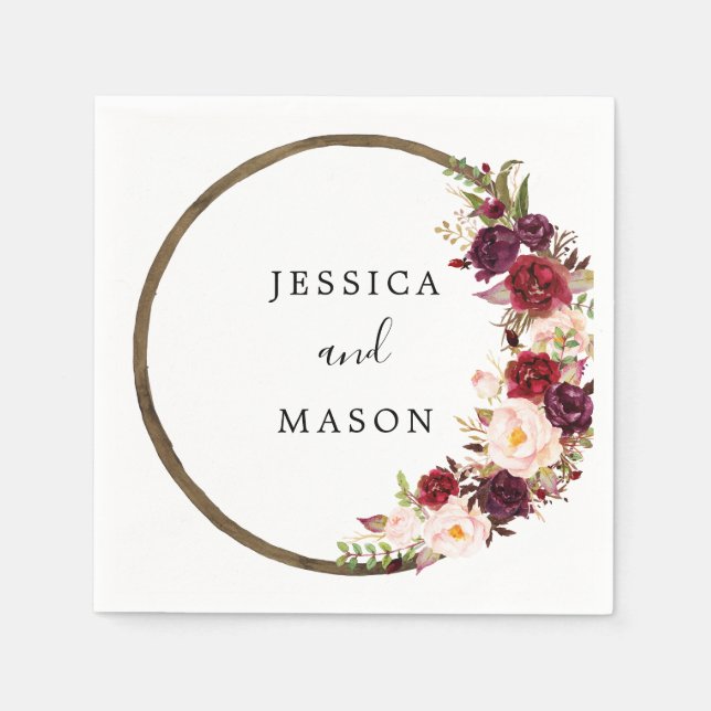 Serviette En Papier Boho Burgundy Wreath Mariage Cocktail Napkin (Devant)