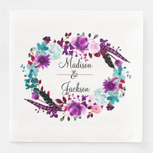 Serviette En Papier Boho Chic Floral Wreath Purple Mariage Monogramme