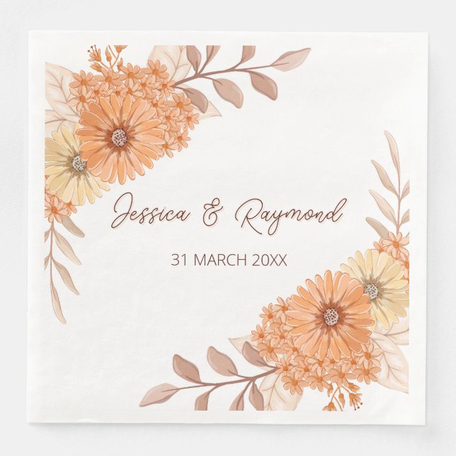 Serviette En Papier Boho Chic Orange Floral Mariage (Devant)