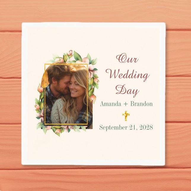 Serviette En Papier Boho Christian Cross Floral Arch Mariage photo (Boho Christian Cross Floral Arch Photo Wedding Napkins)