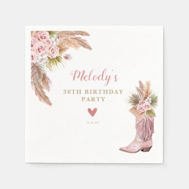 Serviette En Papier Boho Cowgirl Boot Pampas Grass Roses Anniversaire (Devant)