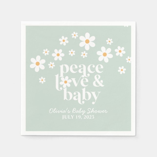 Serviette En Papier boho Daisy vert Peace Love Baby Shower (Devant)