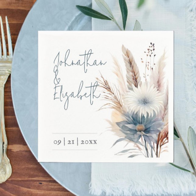Serviette En Papier Boho d'hiver Mariage Floral | BLANCHE (White Winter Boho floral Wedding Paper Napkins)