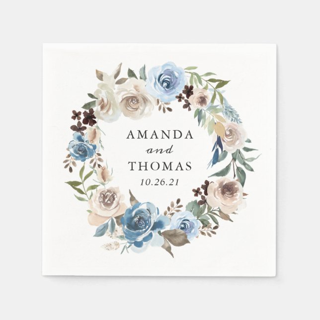 Serviette En Papier Boho Dusty Bleu Beige Floral Mariage (Devant)