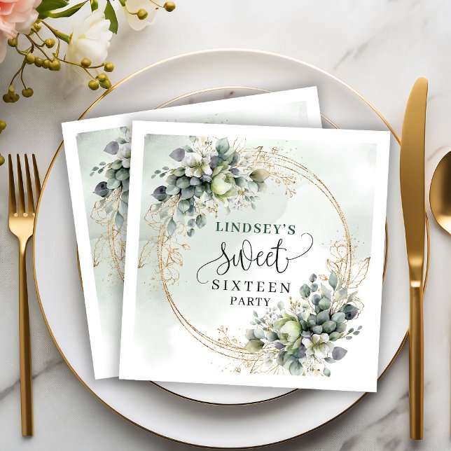 Serviette En Papier Boho Dusty Green Eucalyptus Fête Sweet Seize ans  (Boho Dusty Green Eucalyptus Sweet Sixteen Party Napkins)