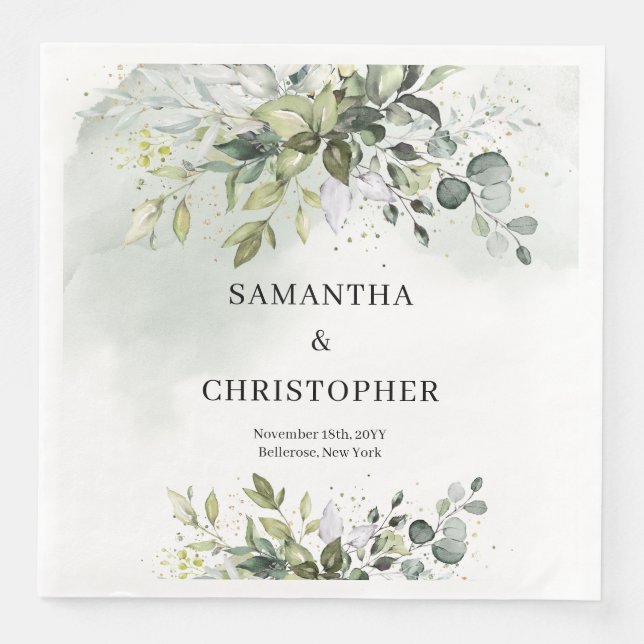 Serviette En Papier Boho Eucalyptus branches vertes faux or (Devant)