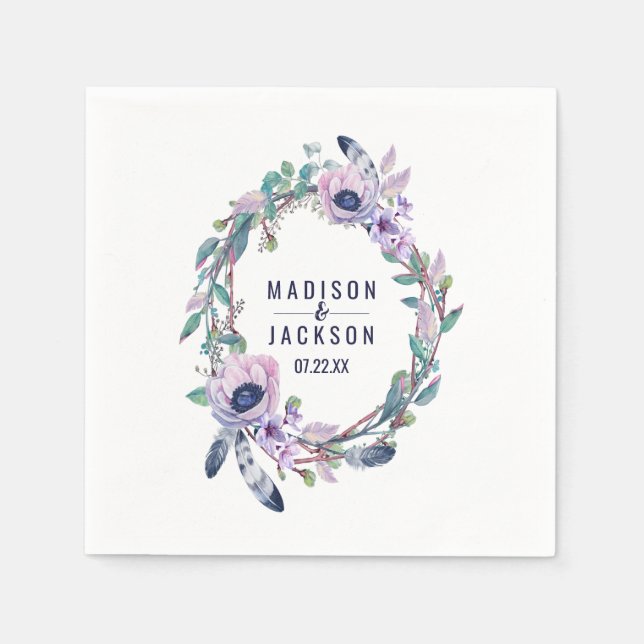 Serviette En Papier Boho Feather & Floral Wreath Mariage Monogramme (Devant)