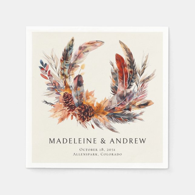 Serviette En Papier Boho Feathers Floral Wreath Monogram Mariage (Devant)