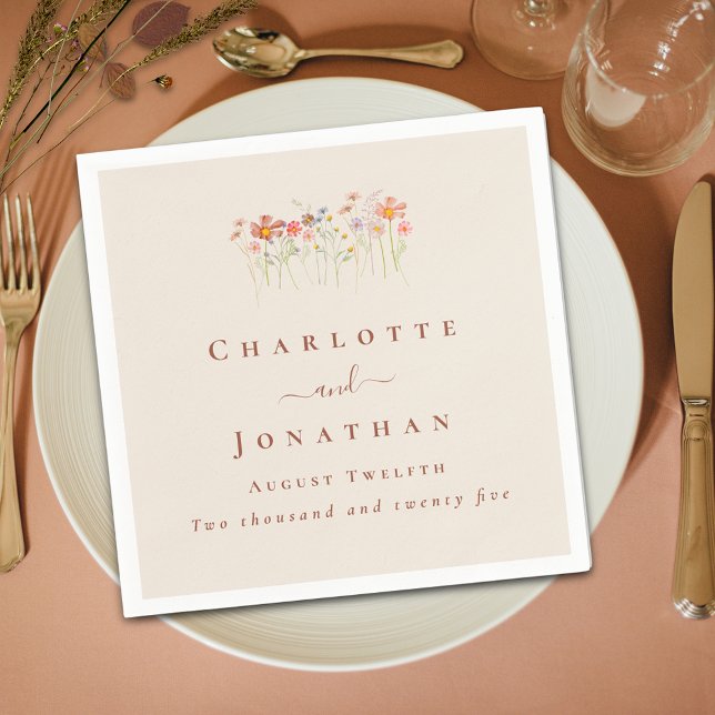 Serviette En Papier Boho Fleur de Champ Tan Beige Terracotta Mariage (Boho Wildflower floral tan beige terracotta Wedding custom napkins Watercolor meadow flowers elegant)