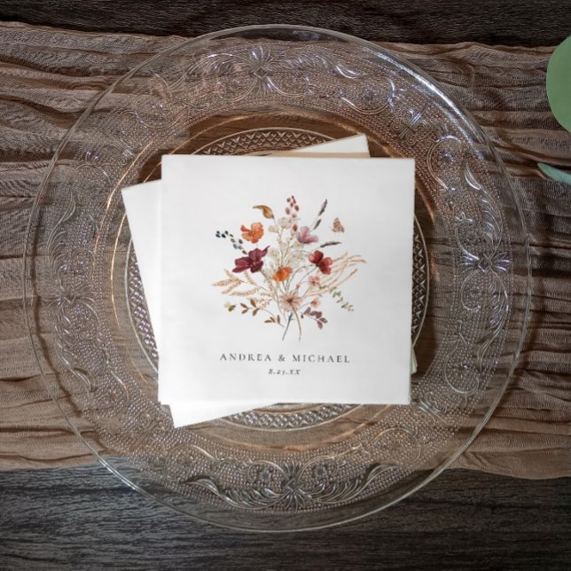 Serviette En Papier Boho Fleur sauvage Mariage Automne Floral (Soft watercolor wildflower napkin with names and date—ideal for rustic, boho, or garden weddings.)