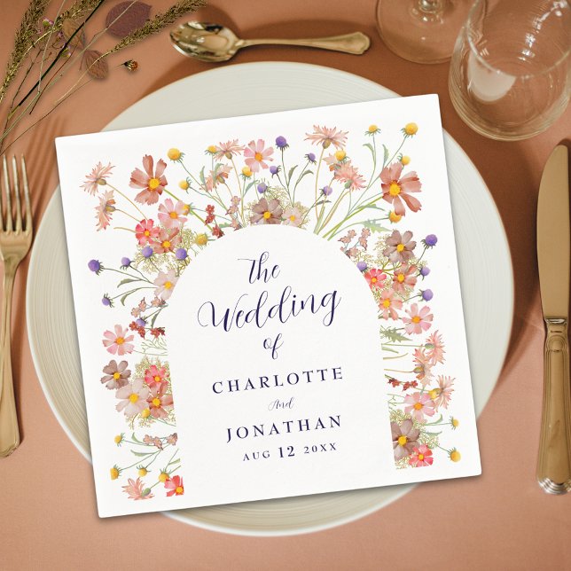 Serviette En Papier Boho Fleur sauvage Rustic Floral Arch Mariage (Boho fall rustic wildflower floral arch navy blue script white wedding custom paper napkins)