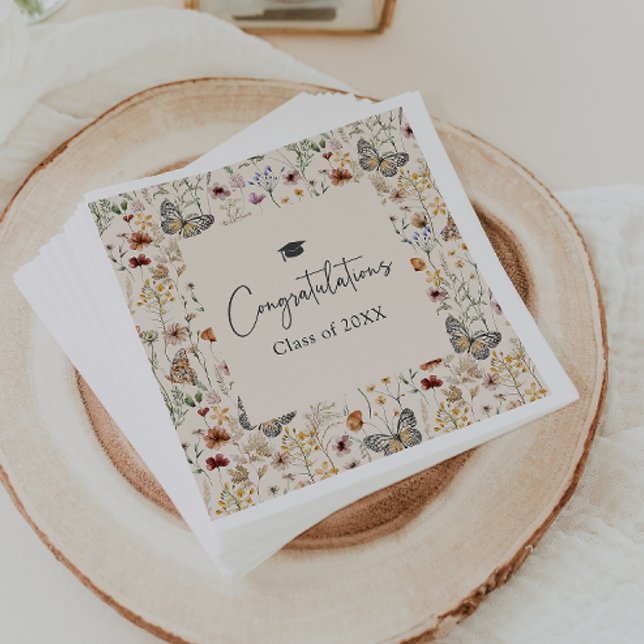 Serviette En Papier Boho Fleurs de Printemps Diplômé (Boho Wildflowers Graduation Napkins with Butterflies by Painted Paperie
)