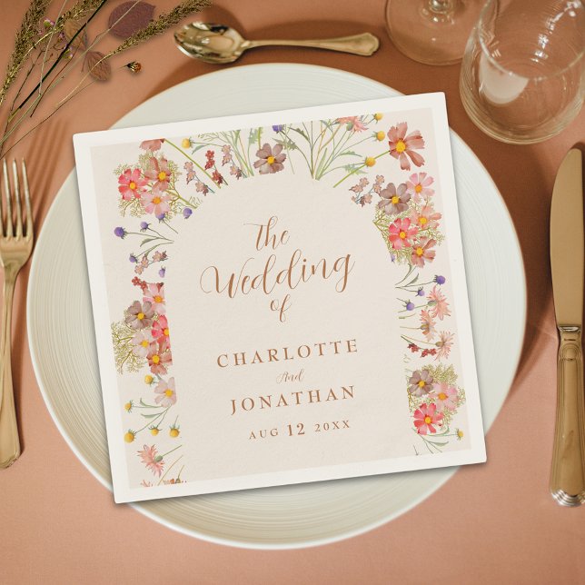 Serviette En Papier Boho Floral Arch Mariage de automne (boho chic floral arch fall wedding custom napkins elegant modern watercolor wildflowers brown beige )