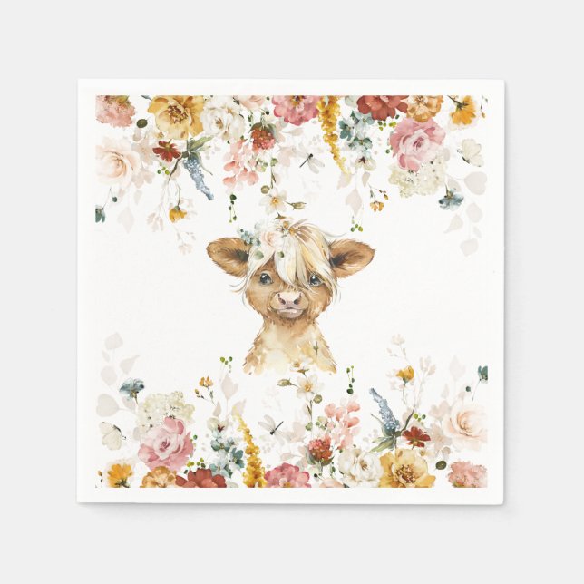 Serviette En Papier Boho Floral Highland Cow (Devant)