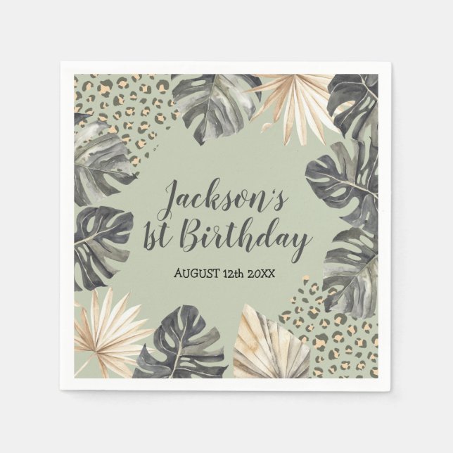 Serviette En Papier Boho Green Sage Wild One Birday Paper Napkin (Devant)