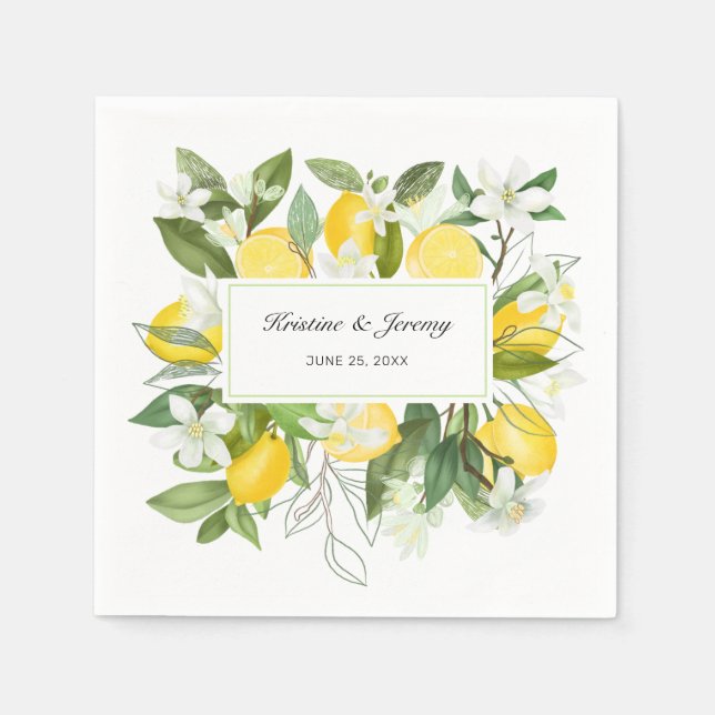 Serviette En Papier Boho Lemons Aquarelle Floral Mariage (Devant)