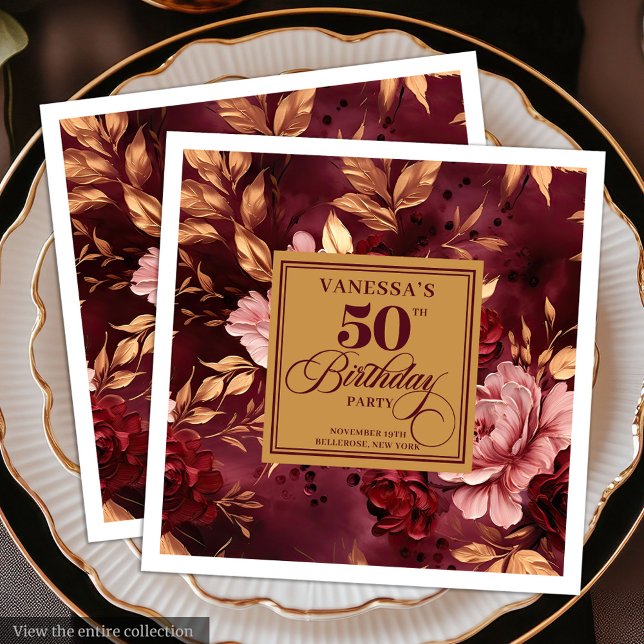 Serviette En Papier Boho Maroon moderne Blush Gold 50e anniversaire Na (Modern Boho Maroon Blush Gold 50th Birthday Napkin)