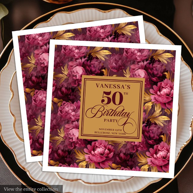 Serviette En Papier Boho Marsala Blush Gold de luxe 50e anniversaire (Luxury Boho Marsala Blush Gold 50th Birthday Paper Dinner Napkins )