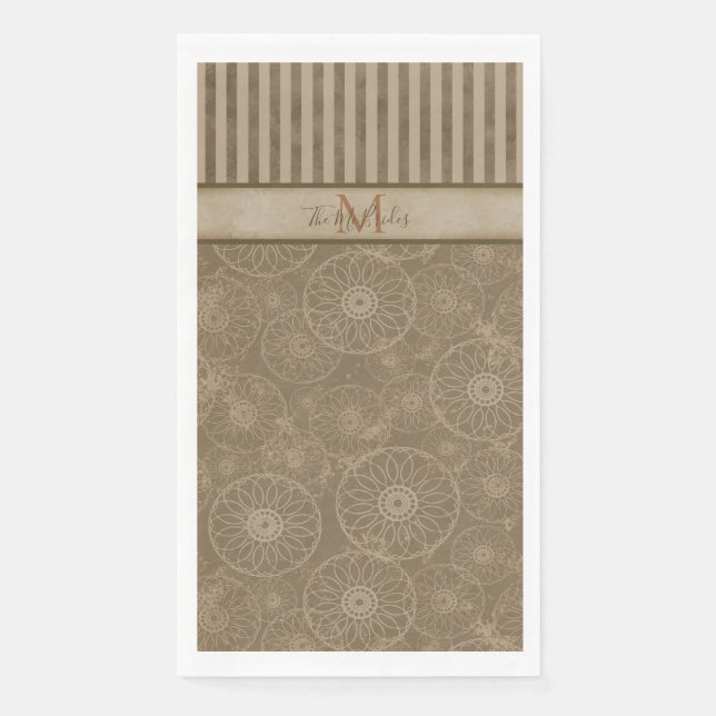 Serviette En Papier Boho monogramme Beige et Brown bande géométrique (Devant)