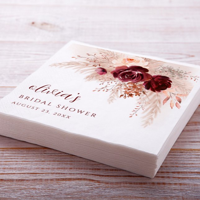 Serviette En Papier Boho Pampas Grass Roses Mariages Fête des mariées (Créateur téléchargé)