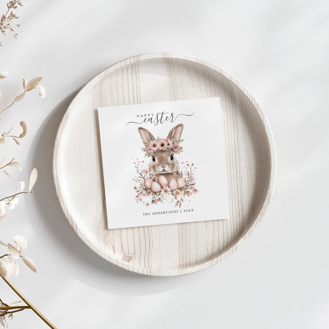 Serviette En Papier Boho Pâques Joli Lapin Blush Oeufs Floraux (Boho Easter Pretty Bunny Blush Floral Eggs Napkins on a neutral boho spring table.)