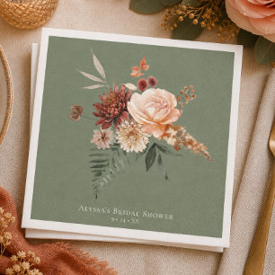 Serviette En Papier Boho Pêche et Rouille Floral Vert Sauge Baby Showe