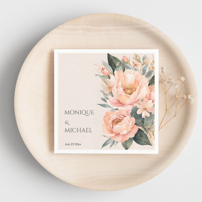 Serviette En Papier Boho pêche mariage à fleurs terreux imprimé (Boho peach peonies earthy floral spring summer wedding printed napkins personalized tableware decor)