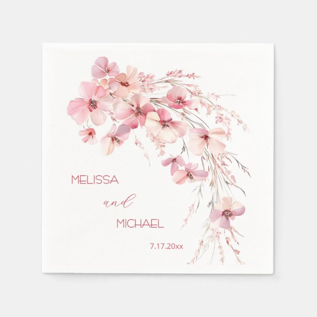 Serviette En Papier Boho rose Aquarelle Fleurs Vos Noms Mariage (Devant)