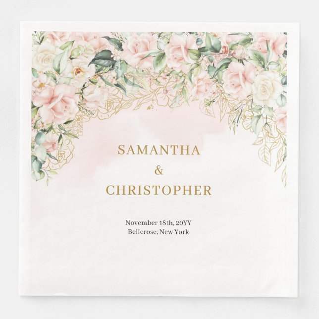 Serviette En Papier Boho rose pastel roses eucalyptus or mariage (Devant)