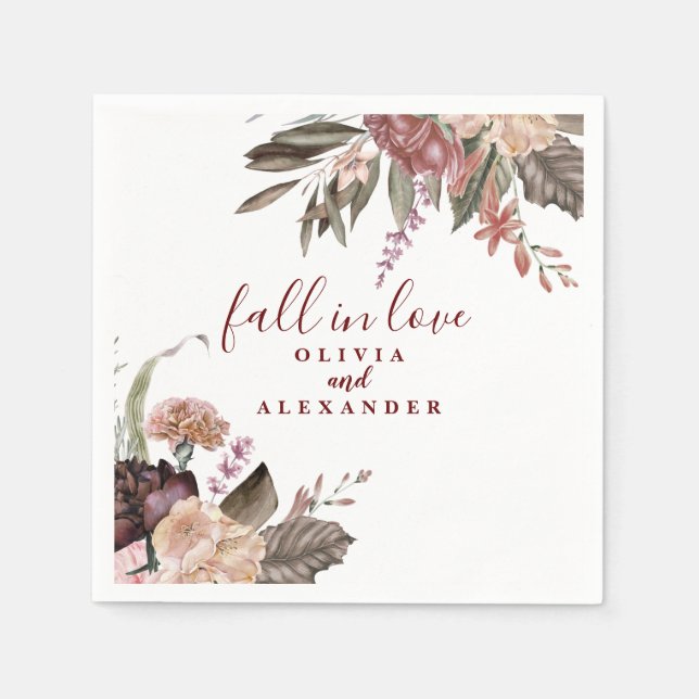 Serviette En Papier Boho Roses Bourgogne tombent amoureux mariage flor (Devant)