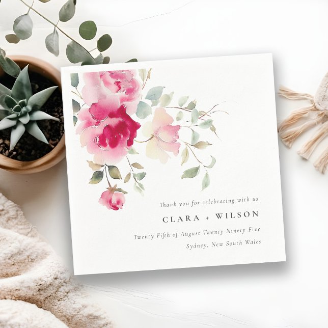 Serviette En Papier Boho Rouge Rose Fleurs Mariage d'aquarelle (Créateur téléchargé)