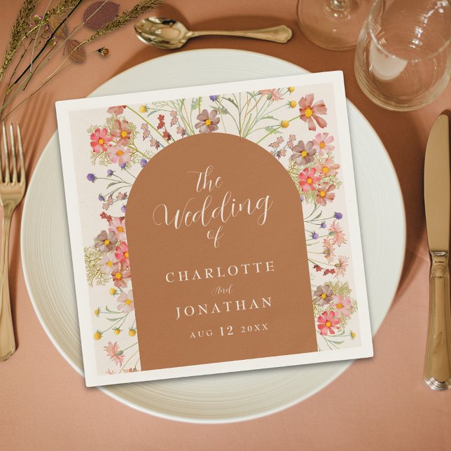 Serviette En Papier Boho Rustic Floral Arch Mariage de automne (Boho rustic floral fall terracotta burnt orange custom Wedding napkins watercolor wildflowers script)
