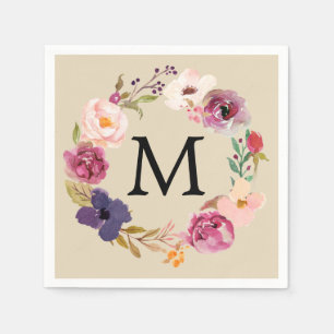 Serviette En Papier Boho rustique aquarelle Floral Wreath Monogramme
