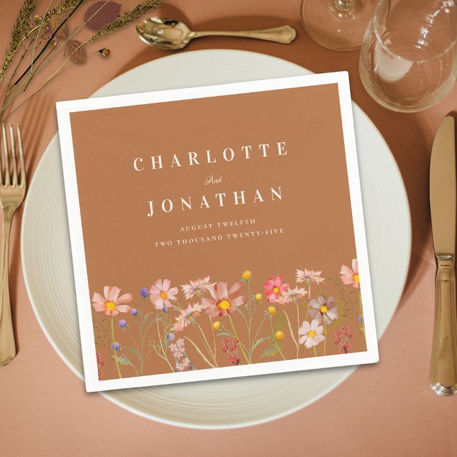 Serviette En Papier Boho Rustique Floral Automne Terracotta Mariage (Terracotta burnt orange Boho rustic floral custom fall Wedding napkins)